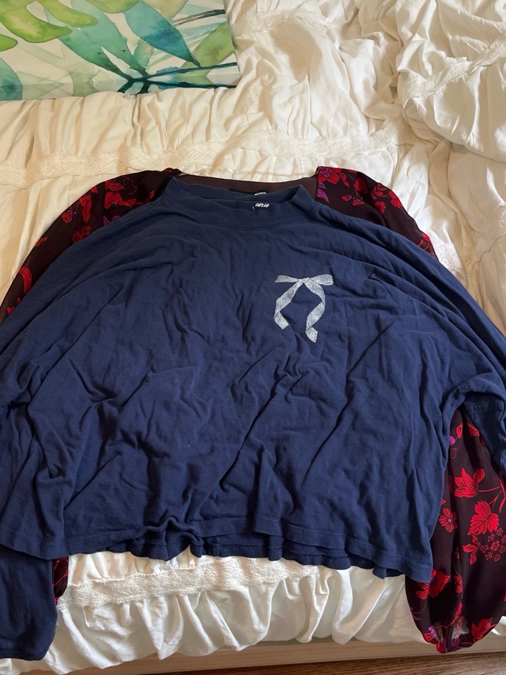 aerie Navy Long Sleeve Shirt with Light Gray Ribbon Graphic
